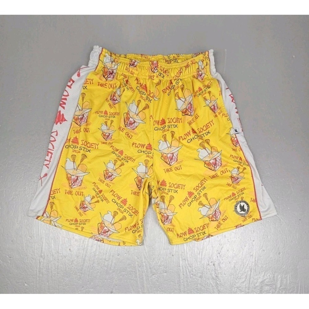 Flow Society Shorts Mens Large Yellow Lacrosse Chinese Takeout Chop Sticks